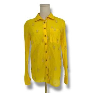 Maeve by Anthropologie Yellow Embroidered Pineapple Button Front Shirt Size 2